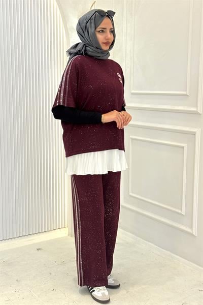 Büyük Beden Simli Pantolonlu Takım Bordo OTW5156