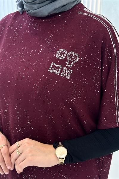 Büyük Beden Simli Pantolonlu Takım Bordo OTW5156