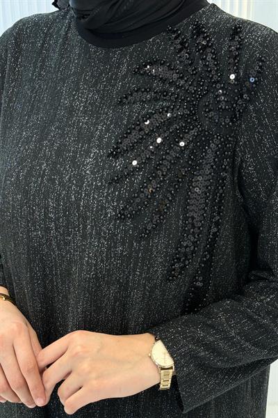 Büyük Beden Simli Taş Detaylı Tesettür Elbise Siyah OTW942