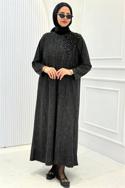 Büyük Beden Simli Taş Detaylı Tesettür Elbise Siyah OTW942