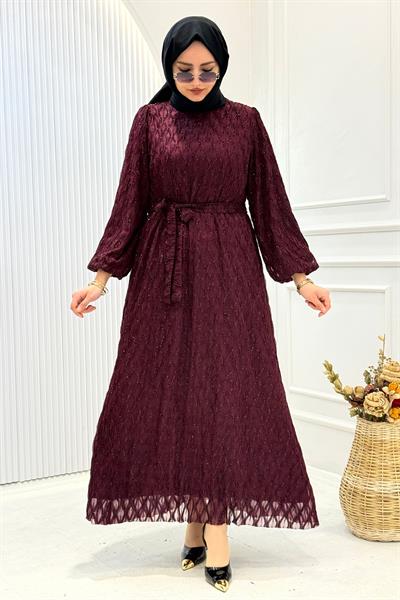 Büyük Beden Simli Tesettür Abiye Bordo OTW4733