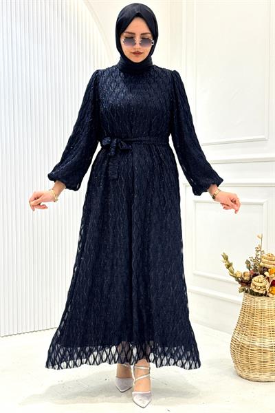 Büyük Beden Simli Tesettür Abiye Lacivert OTW4733