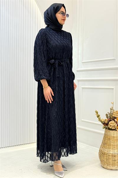 Büyük Beden Simli Tesettür Abiye Lacivert OTW4733