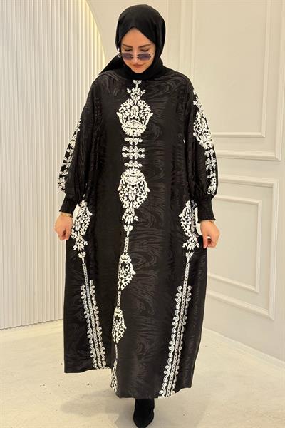 Büyük Beden Siyah Beyaz Motif Desenli Salaş Elbise Desenli OTW9277