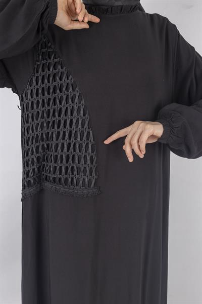 Büyük Beden Siyah File Detaylı Viskon Elbise Siyah OTW444