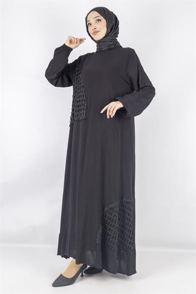 Büyük Beden Siyah File Detaylı Viskon Elbise Siyah OTW444