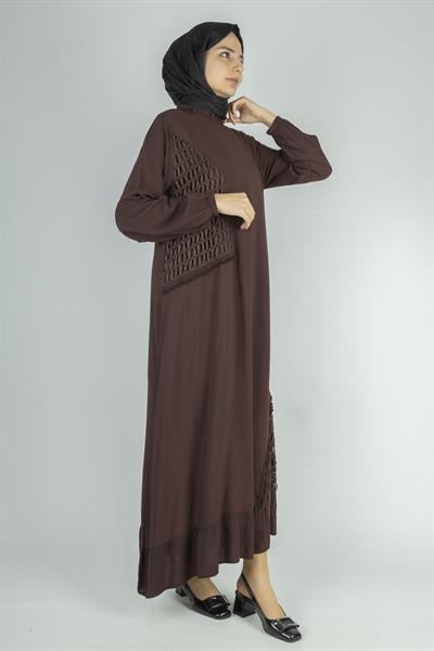 Büyük Beden Siyah File Detaylı Viskon Elbise Kahve OTW444