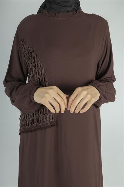 Büyük Beden Siyah File Detaylı Viskon Elbise Kahve OTW444