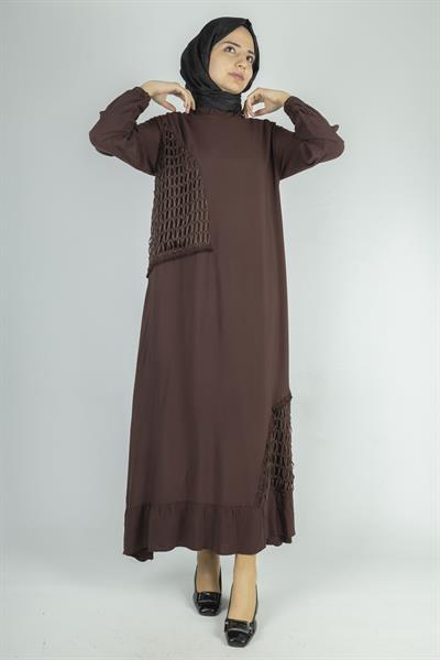 Büyük Beden Siyah File Detaylı Viskon Elbise Kahve OTW444