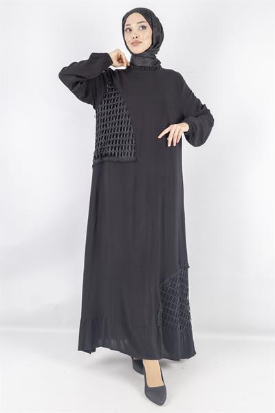 Büyük Beden Siyah File Detaylı Viskon Elbise Siyah OTW444