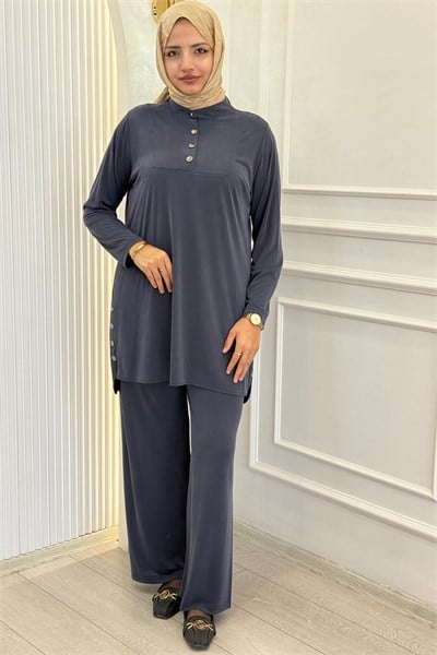 Büyük Beden Spor Düğmeli Pantolonlu Takım İndigo OTW372