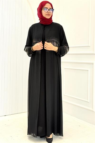 Büyük Beden Taş Detaylı Abaya Takım Siyah OTW560