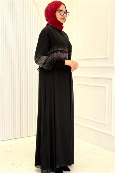 Büyük Beden Taş Detaylı Abaya Takım Siyah OTW560