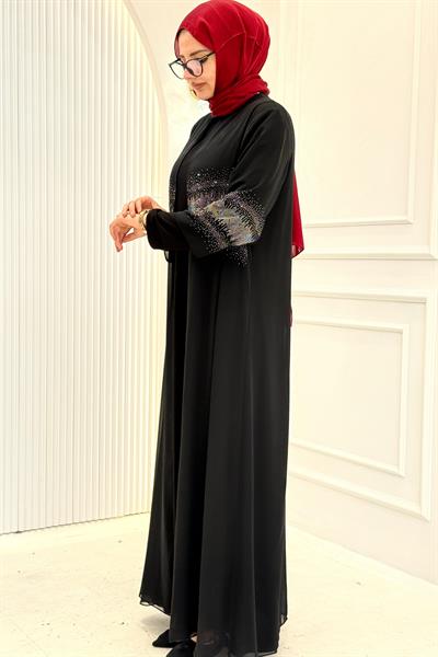 Büyük Beden Taş Detaylı Abaya Takım Siyah OTW560