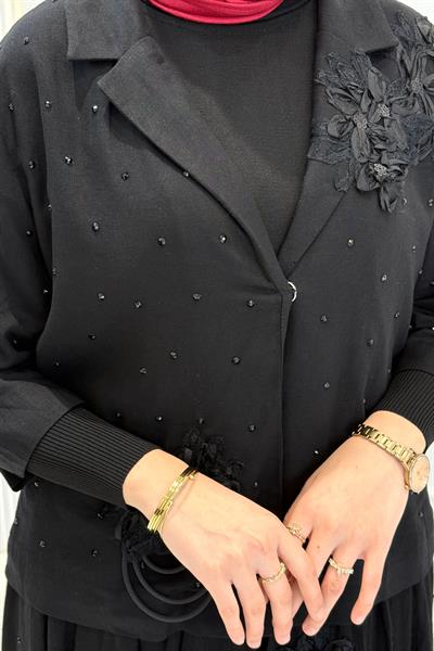 Büyük Beden Taş Detaylı Aplikeli Etekli Takım Siyah OTW8922