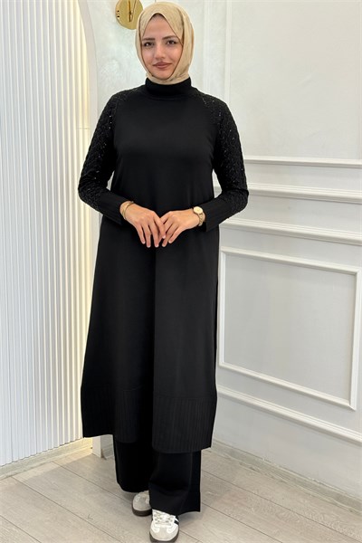 Büyük Beden Taş Detaylı Balıkçı Yaka Uzun Triko Tunik Siyah OTW36272