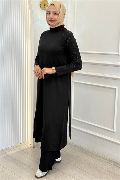Büyük Beden Taş Detaylı Balıkçı Yaka Uzun Triko Tunik Siyah OTW36272