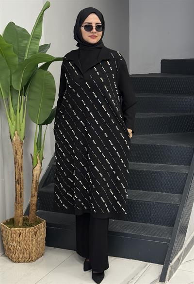 Büyük Beden Taş Detaylı Çelik Örme Tunik&Elbise Siyah OTW7806