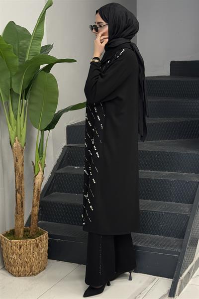 Büyük Beden Taş Detaylı Çelik Örme Tunik&Elbise Siyah OTW7806