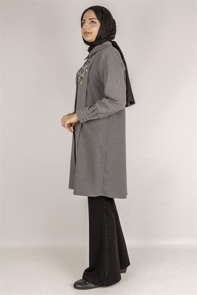 Büyük Beden Taş Detaylı Çizgili Gri Tesettür Gömlek Gri OTW752