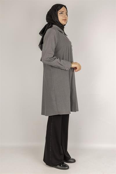 Büyük Beden Taş Detaylı Çizgili Gri Tesettür Gömlek Gri OTW752