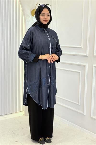 Büyük Beden Taş Detaylı Denim Gömlek Lacivert OTW1706