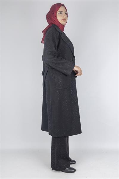 Büyük Beden Taş Detaylı Kaşe Kaban Siyah OTW9399