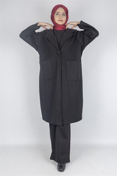 Büyük Beden Taş Detaylı Kaşe Kaban Siyah OTW9399