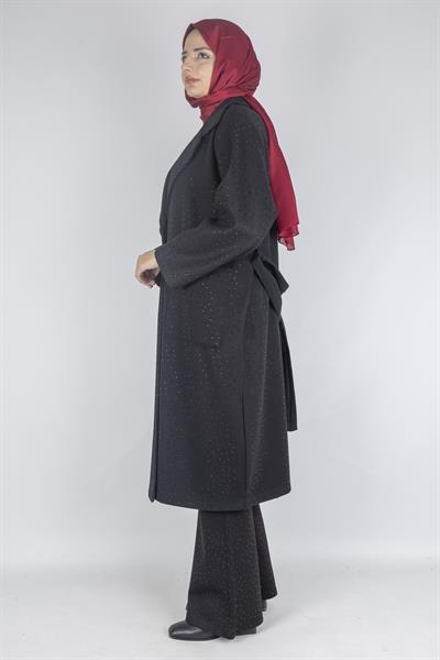 Büyük Beden Taş Detaylı Kaşe Kaban Siyah OTW9399