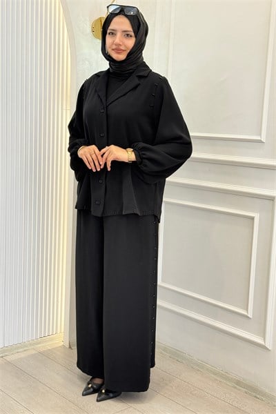 Büyük Beden Taş Detaylı Pantolonlu Ceket Takım Siyah OTW4269