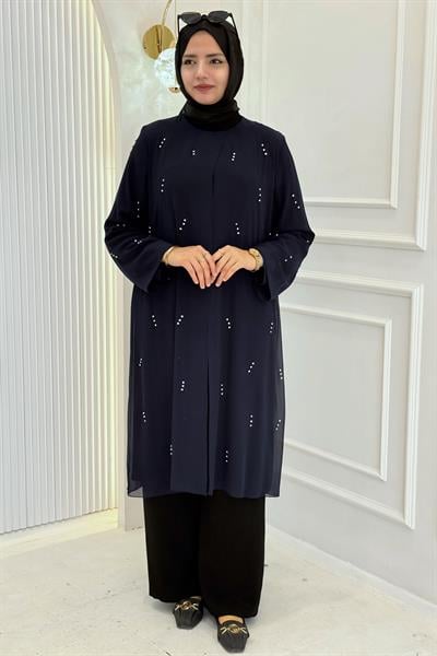 Büyük Beden Taş Detaylı Tunik Lacivert OTW1373