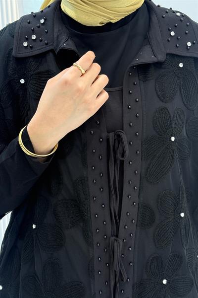 Büyük Beden Taş Detaylı Üçlü Pantolonlu Tesettür Takım Siyah OTW5634