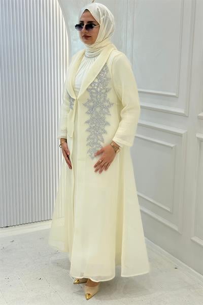 Büyük Beden Taş İşlemeli Abaya Takım Ekru OTW45859