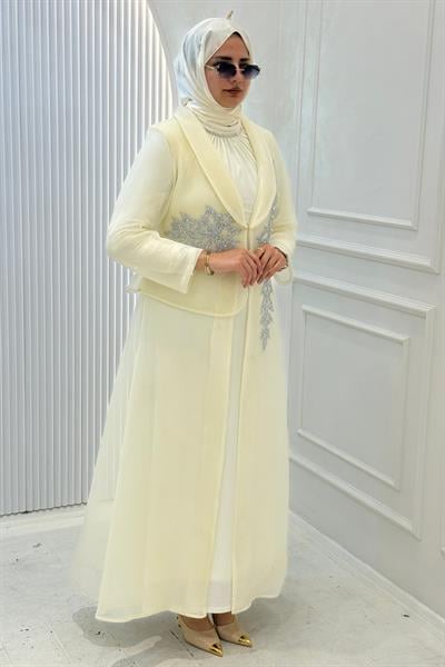 Büyük Beden Taş İşlemeli Abaya Takım Ekru OTW45859