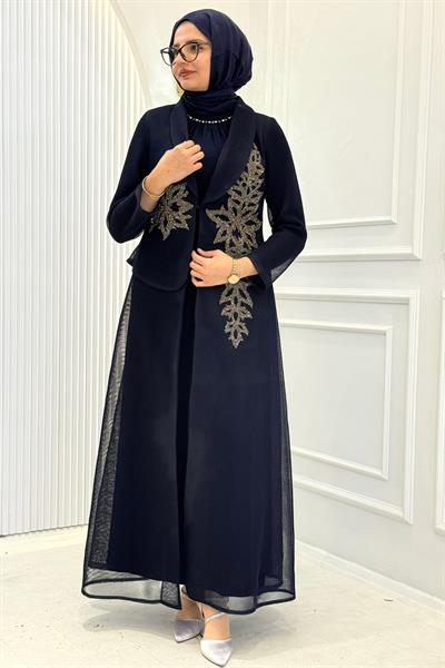 Büyük Beden Taş İşlemeli Abaya Takım Lacivert OTW45859