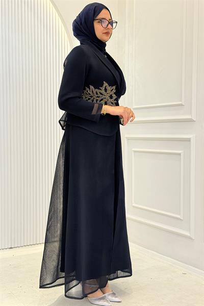 Büyük Beden Taş İşlemeli Abaya Takım Lacivert OTW45859