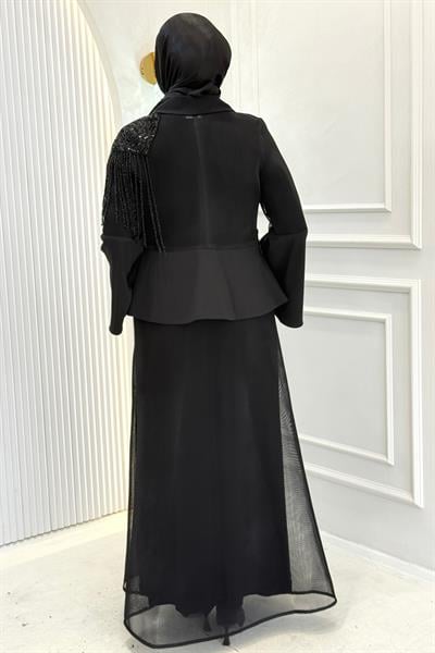 Büyük Beden Taş İşlemeli Abaya Takım Siyah OTW46915