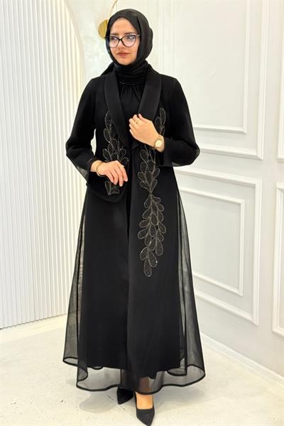 Büyük Beden Taş İşlemeli Abaya Takım Siyah OTW46907