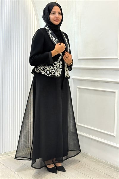 Büyük Beden Taş İşlemeli Abaya Takım Siyah OTW46933
