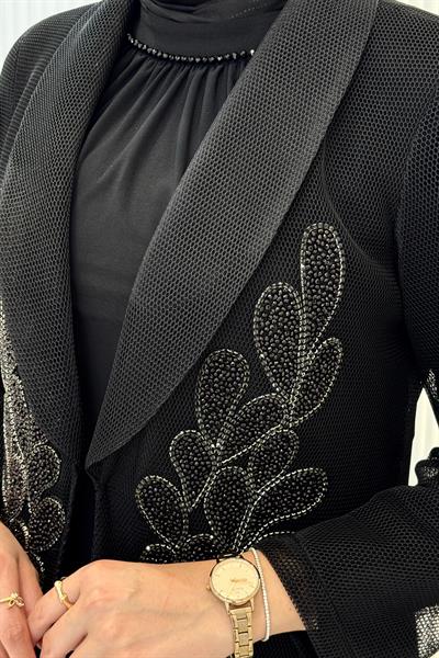 Büyük Beden Taş İşlemeli Abaya Takım Siyah OTW46907