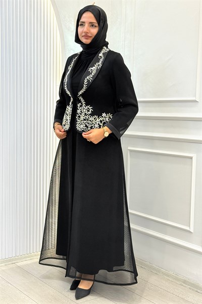 Büyük Beden Taş İşlemeli Abaya Takım Siyah OTW46933