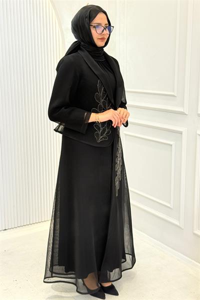 Büyük Beden Taş İşlemeli Abaya Takım Siyah OTW46907