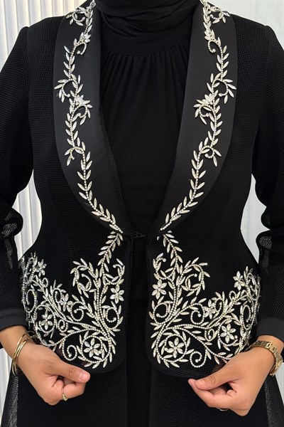 Büyük Beden Taş İşlemeli Abaya Takım Siyah OTW46933