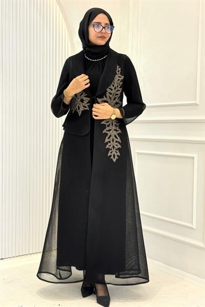 Büyük Beden Taş İşlemeli Abaya Takım Siyah OTW45859