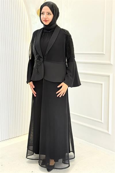 Büyük Beden Taş İşlemeli Abaya Takım Siyah OTW46915