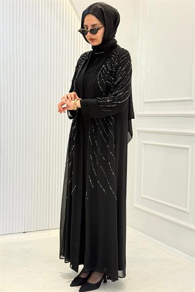 Büyük Beden Taş İşlemeli Abaya Takım Siyah OTW609