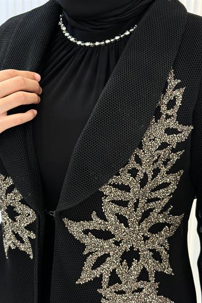 Büyük Beden Taş İşlemeli Abaya Takım Siyah OTW45859