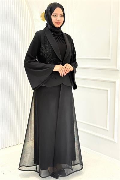 Büyük Beden Taş İşlemeli Abaya Takım Siyah OTW46915