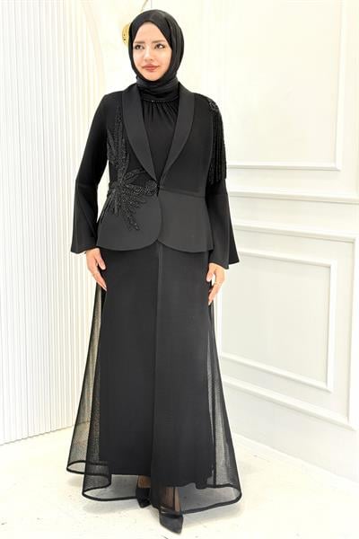 Büyük Beden Taş İşlemeli Abaya Takım Siyah OTW46915