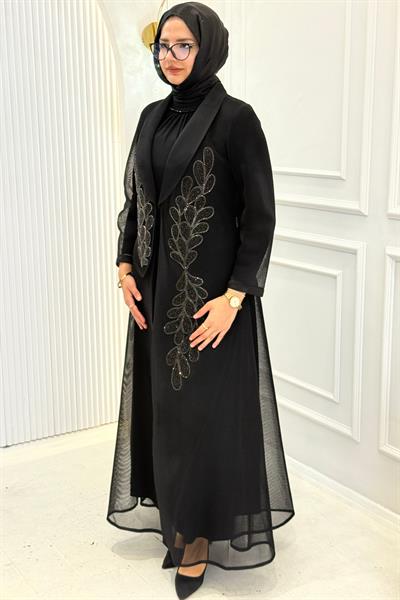 Büyük Beden Taş İşlemeli Abaya Takım Siyah OTW46907